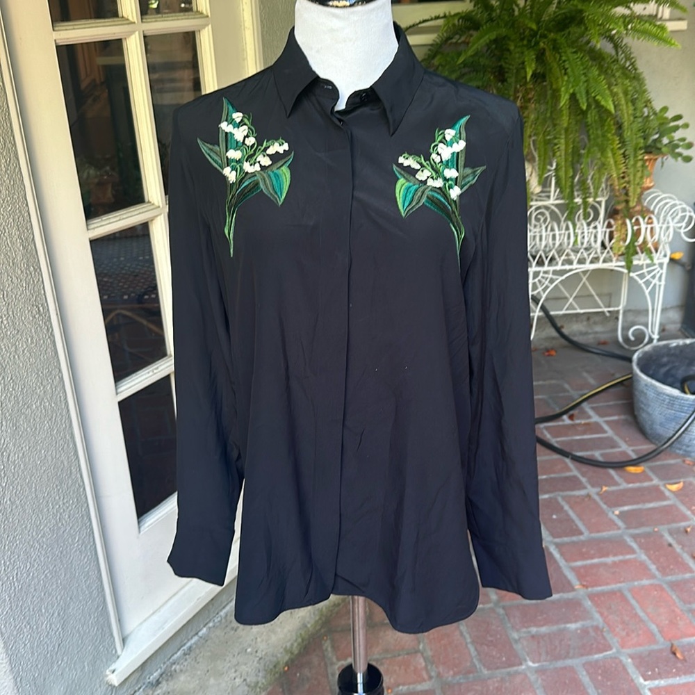 Stella McCartney black silk blouse with floral embroidery